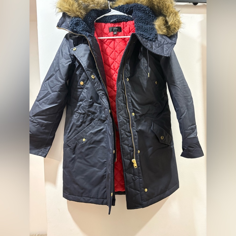 J. Crew Dark Blue Puffer with Faux Fur Hood